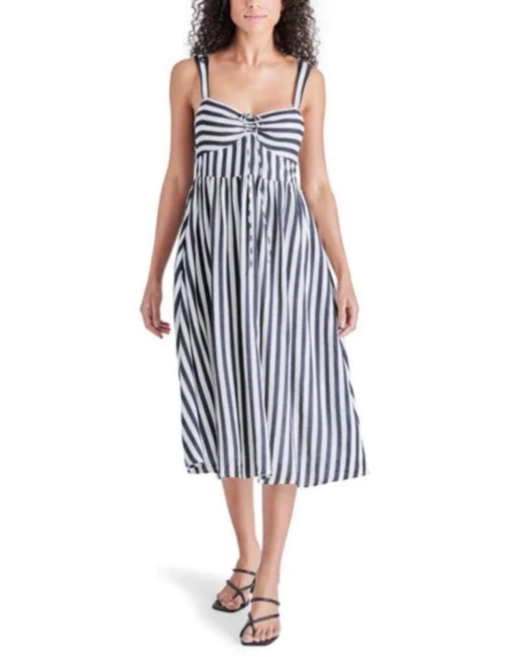 Steve Madden Deyvani Stripe Linen Blend Midi Dress Size 8 Black White Bustier